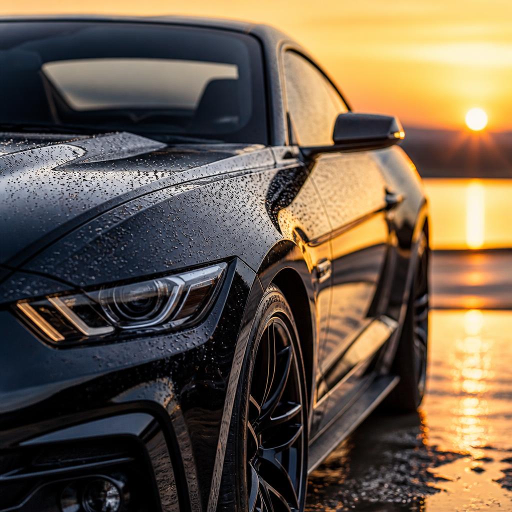 Premium sporty vehicle, cinematic golden-hour rim lighting, mobile detailing showcase finish